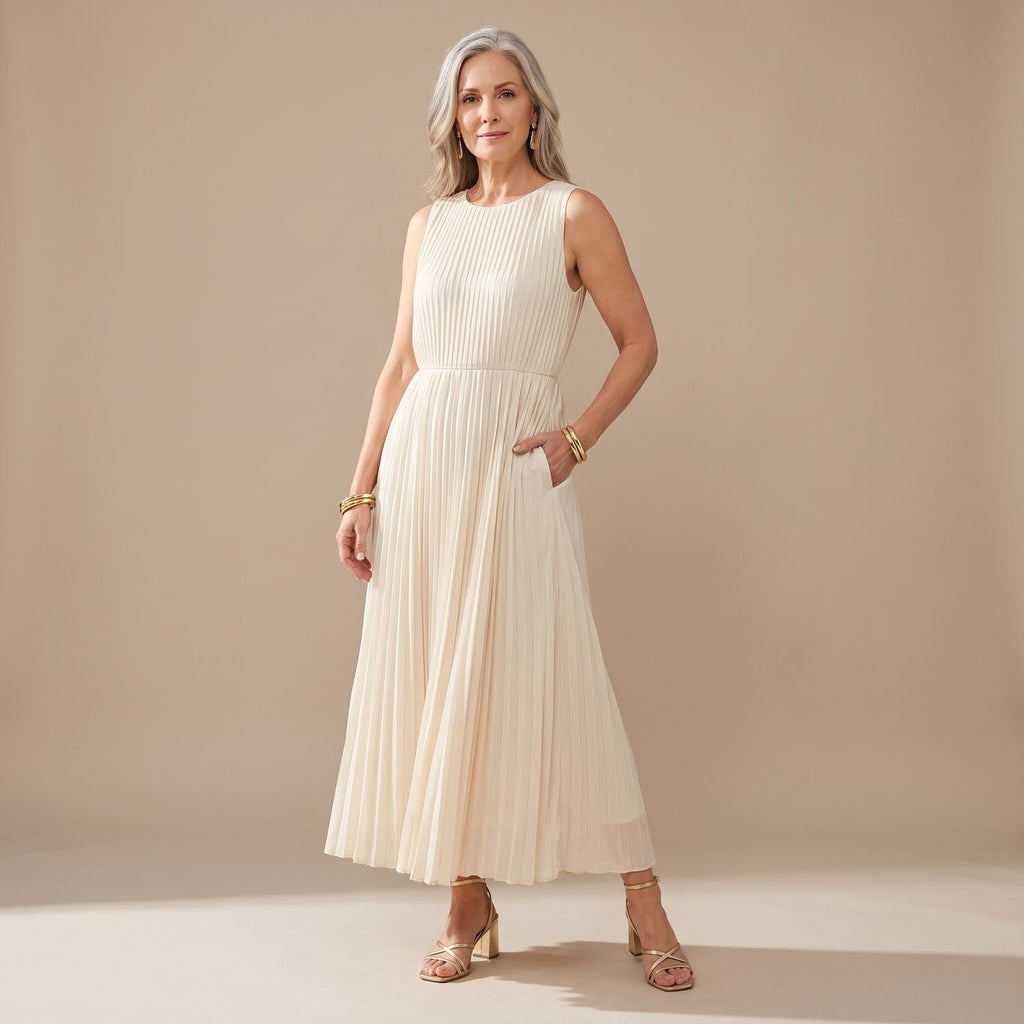 Women's Formal Pleated Maxi Dress Cap-Sleeve A-Line - Beige