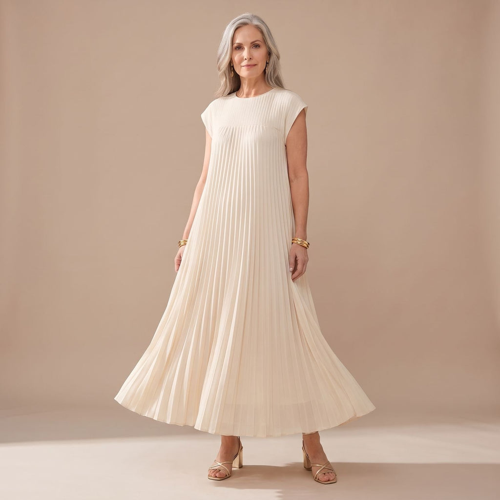Women's Formal Pleated Maxi Dress Cap-Sleeve A-Line