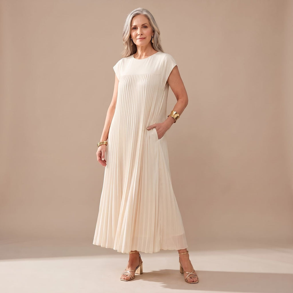 Women's Formal Pleated Maxi Dress Cap-Sleeve A-Line