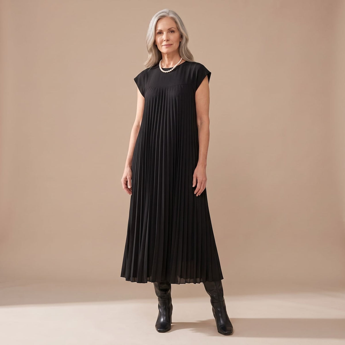 Women's Formal Pleated Maxi Dress Cap-Sleeve A-Line - Black