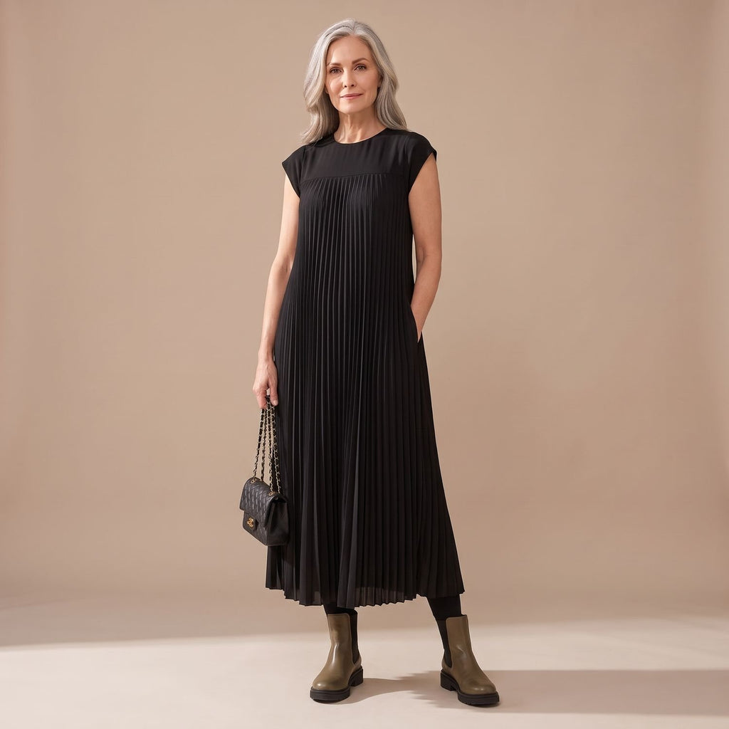 Women's Formal Pleated Maxi Dress Cap-Sleeve A-Line