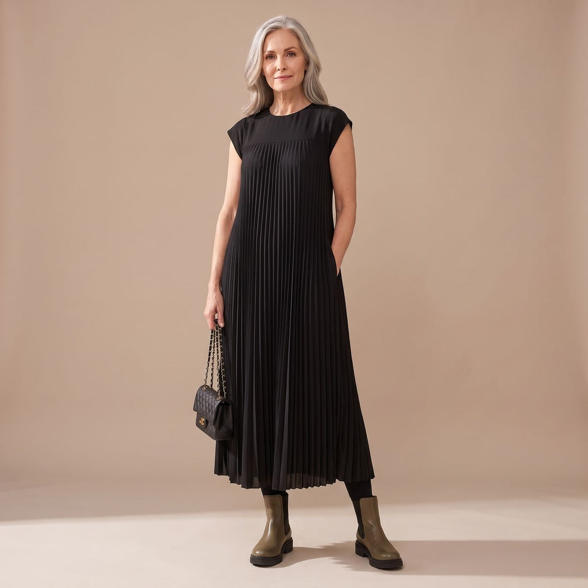 Women's Formal Pleated Maxi Dress Cap-Sleeve A-Line