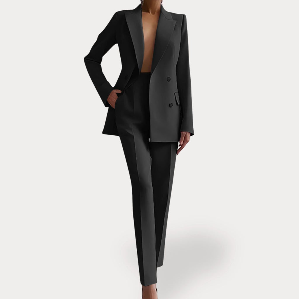 Women's Formal Tailored Double-Breasted Blazer Suit Set - Black