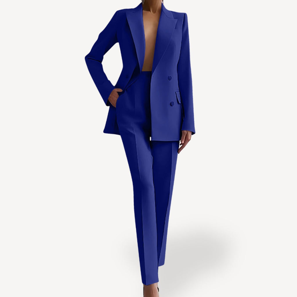 Women's Formal Tailored Double-Breasted Blazer Suit Set - Blue