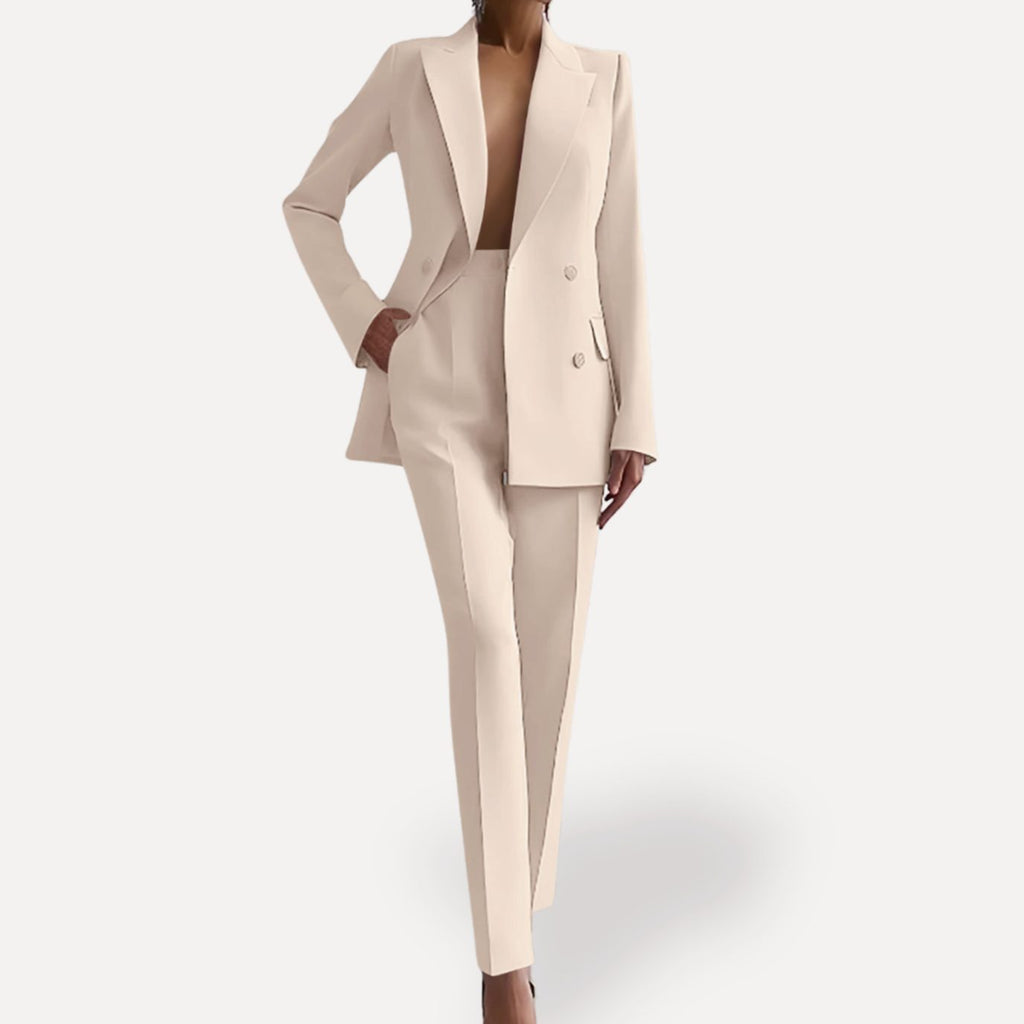 Women's Formal Tailored Double-Breasted Blazer Suit Set - White