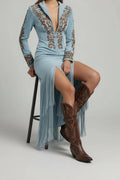 Women's Fringe Embroidered Long Sleeve Evening Gown Maxi Dress - Blue