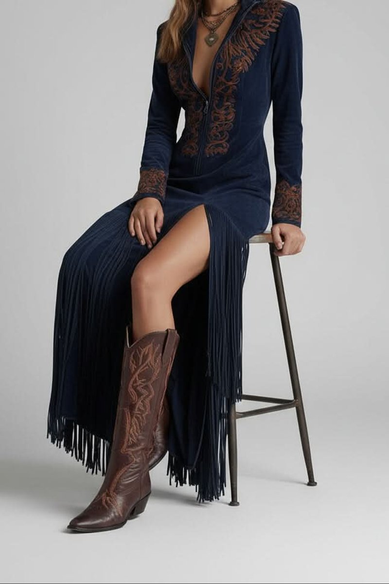 Women's Fringe Embroidered Long Sleeve Evening Gown Maxi Dress