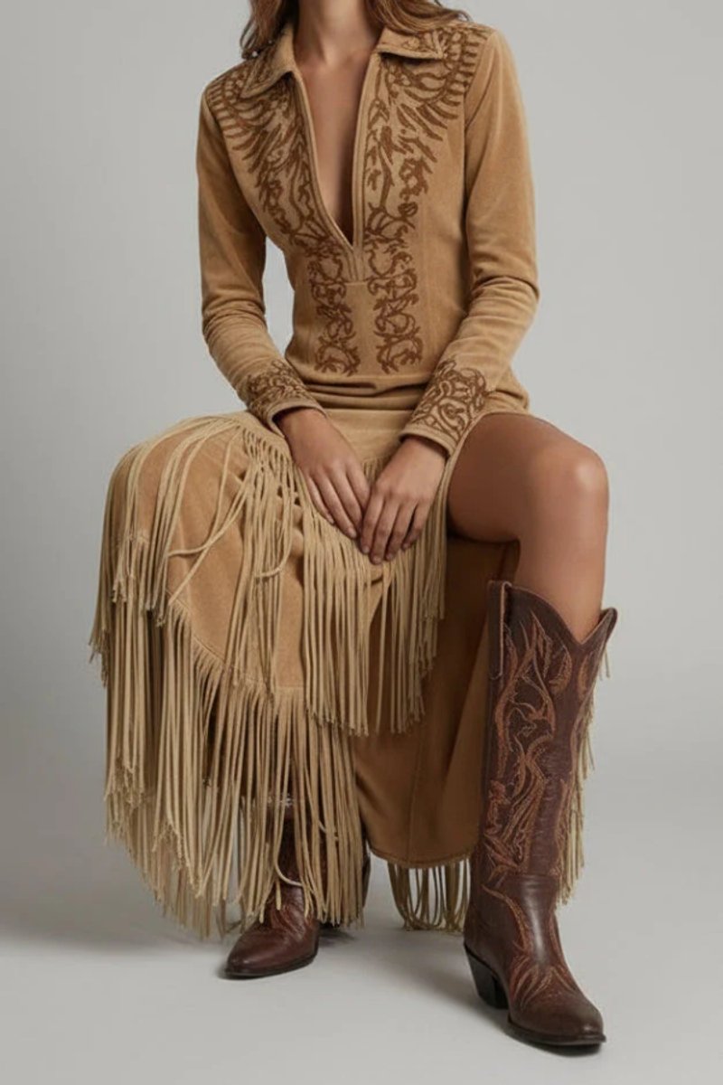Women's Fringe Embroidered Long Sleeve Evening Gown Maxi Dress - Light brown
