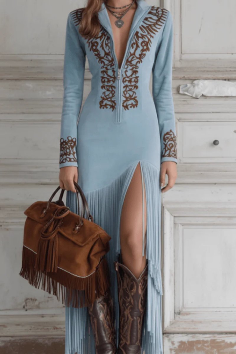 Women's Fringe Embroidered Long Sleeve Evening Gown Maxi Dress