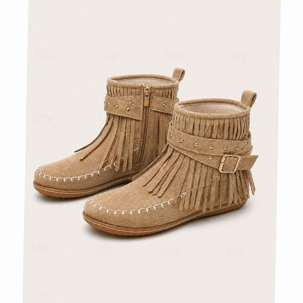 Women's Fringe Moccasin Flat Ankle Booties Buckle Strap - Beige