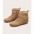 Women's Fringe Moccasin Flat Ankle Booties Buckle Strap - Beige
