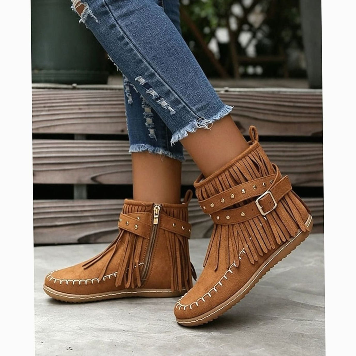 Women's Fringe Moccasin Flat Ankle Booties Buckle Strap