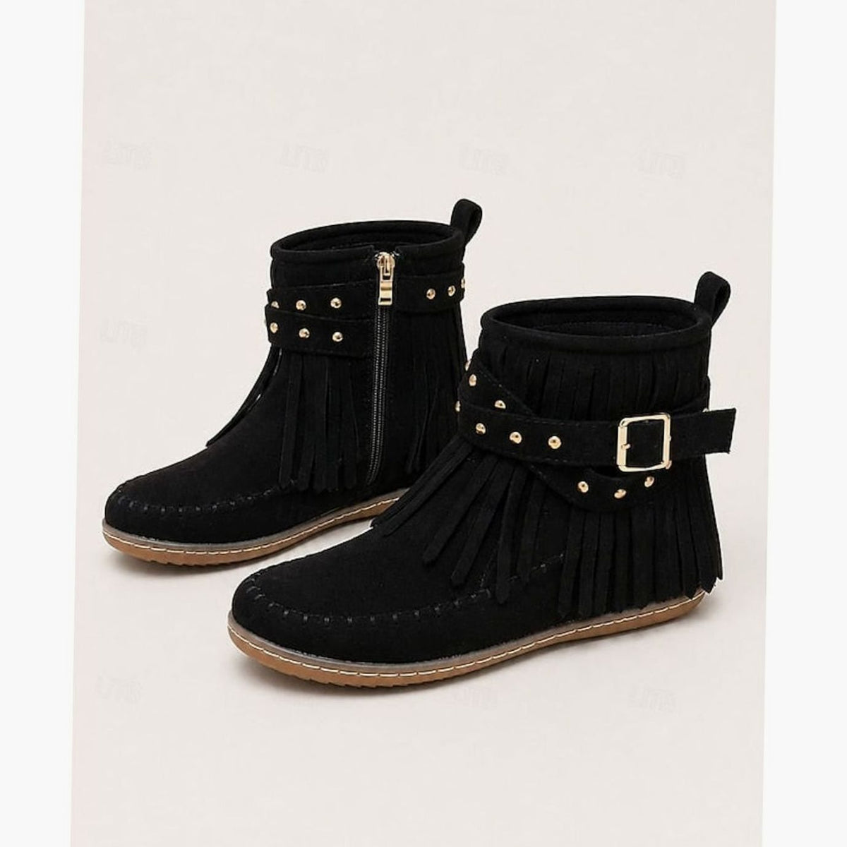 Women's Fringe Moccasin Flat Ankle Booties Buckle Strap - Black