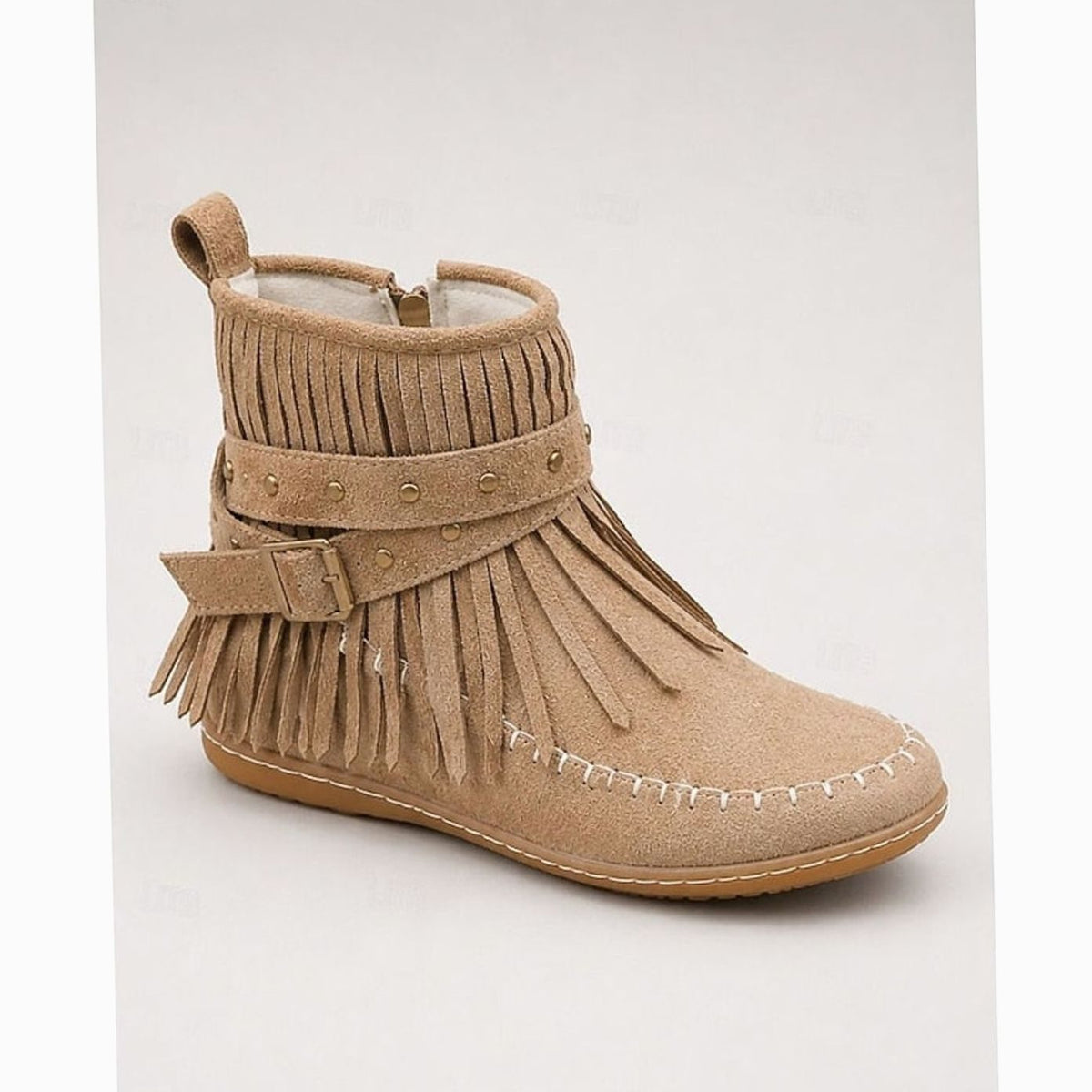 Women's Fringe Moccasin Flat Ankle Booties Buckle Strap