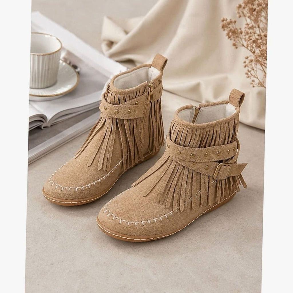 Women's Fringe Moccasin Flat Ankle Booties Buckle Strap