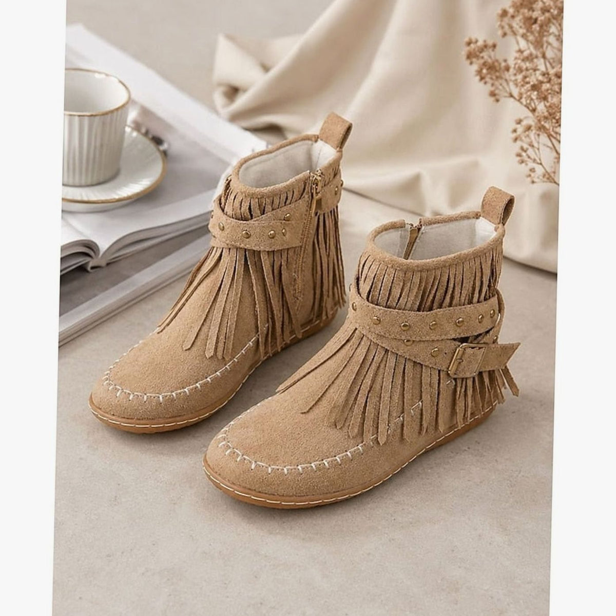 Women's Fringe Moccasin Flat Ankle Booties Buckle Strap