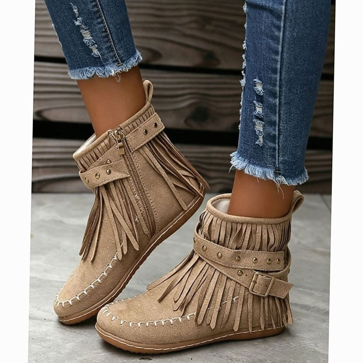 Women's Fringe Moccasin Flat Ankle Booties Buckle Strap