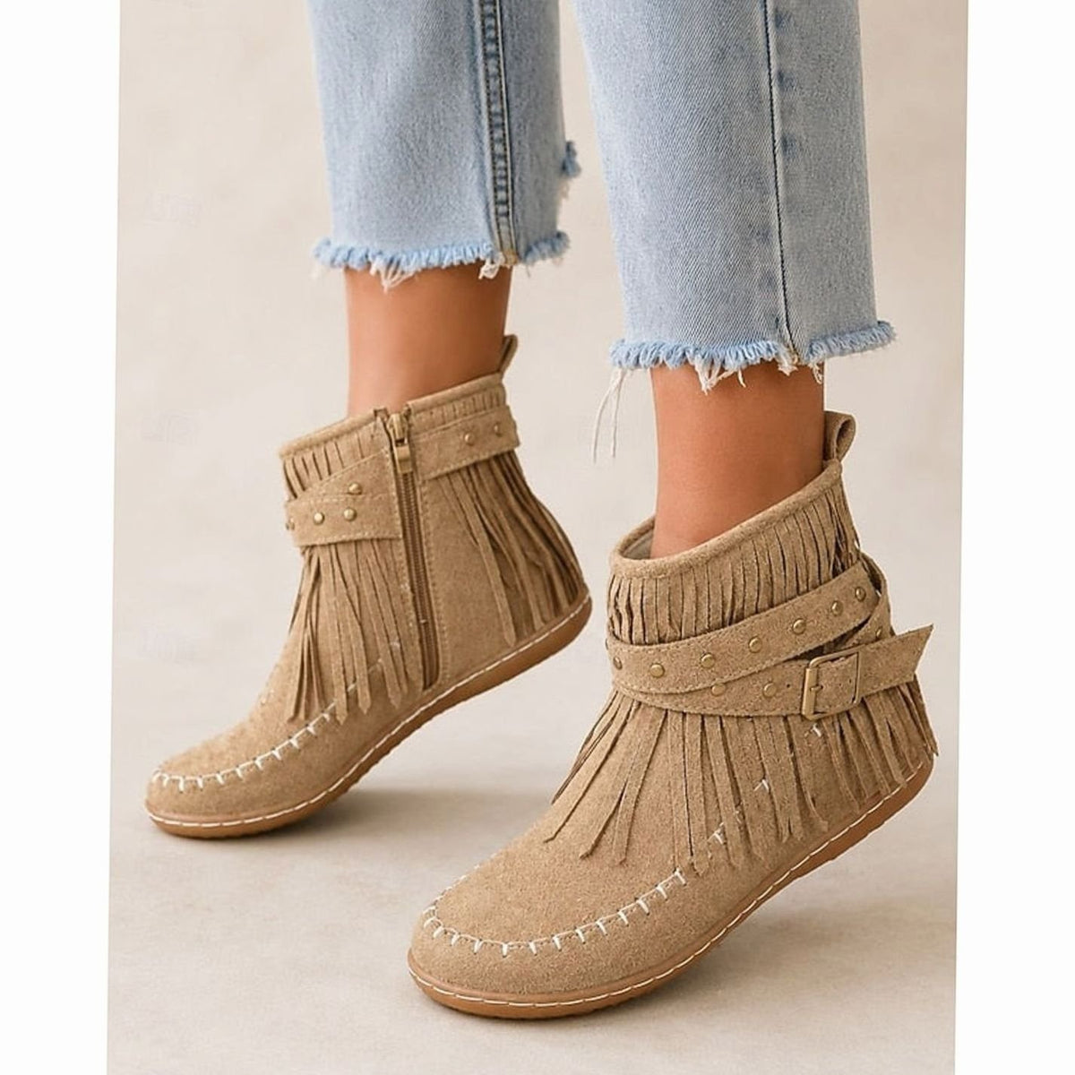 Women's Fringe Moccasin Flat Ankle Booties Buckle Strap