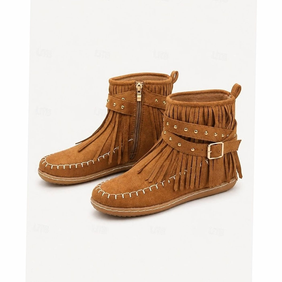 Women's Fringe Moccasin Flat Ankle Booties Buckle Strap - Brown