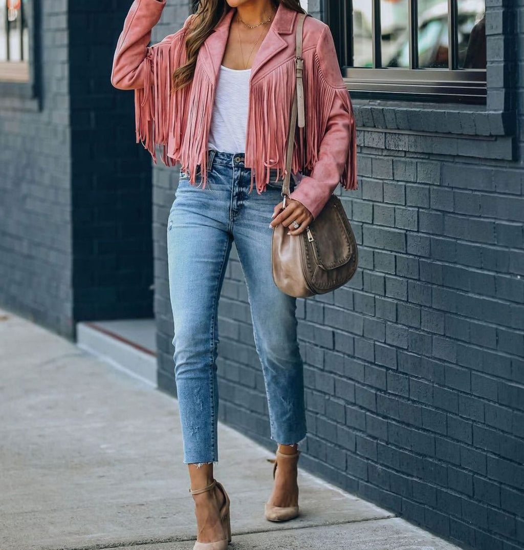 Women's Fringe Suede Cropped Moto Jacket - Pink