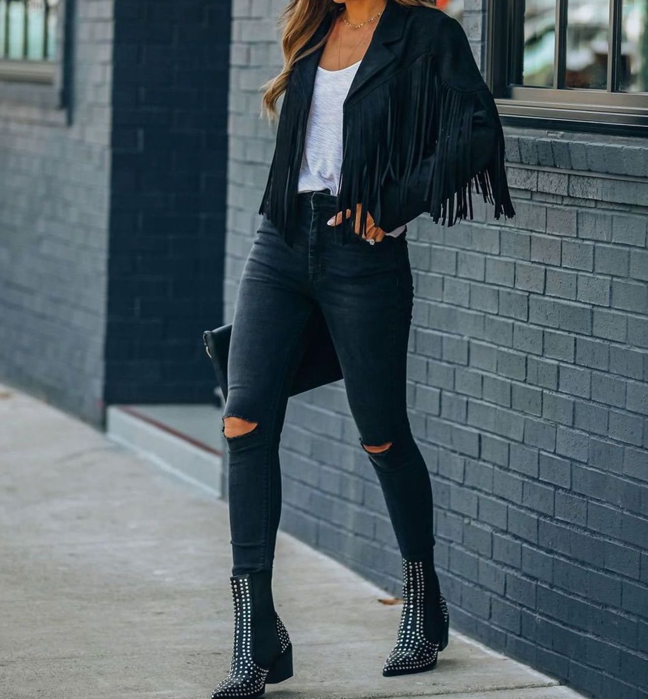 Women's Fringe Suede Cropped Moto Jacket - Black