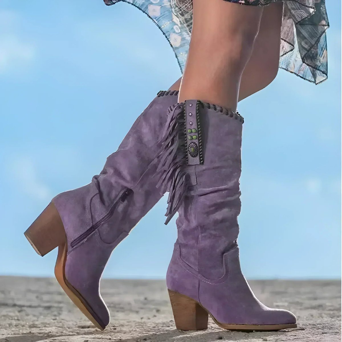 Women's Fringe Tassel Western Knee High Boots Block Heel Suede - Purple