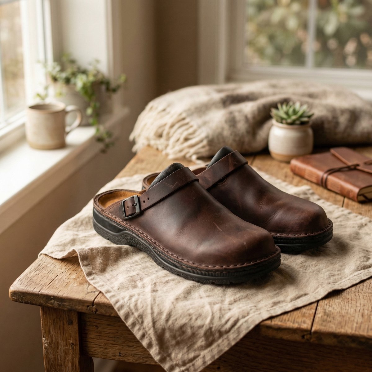 Women's Full-Grain Leather Slip-On Clogs Boots - Dark Brown