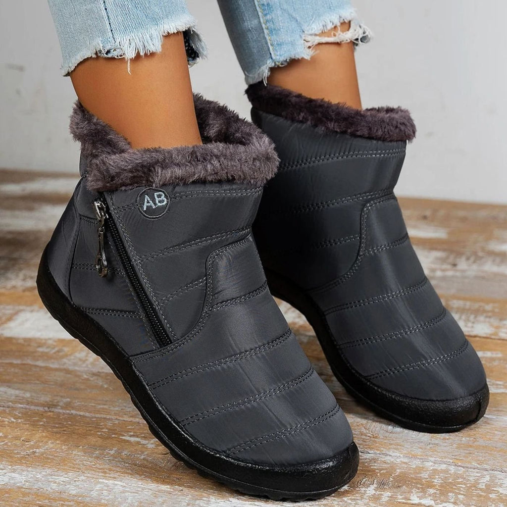 Women's Fur-Lined Zipper Ankle Winter Snow Boots - Gray