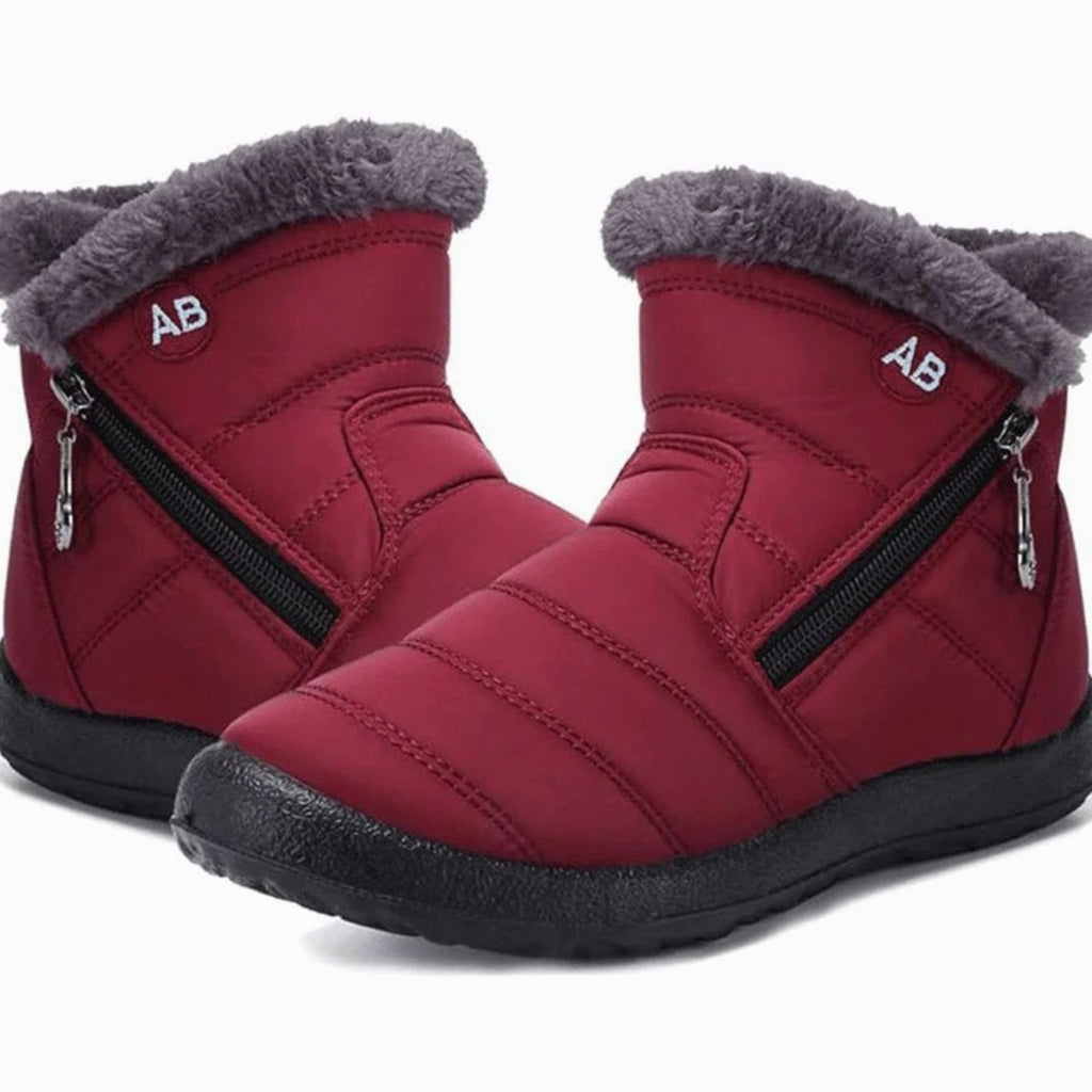 Women's Fur-Lined Zipper Ankle Winter Snow Boots - Red