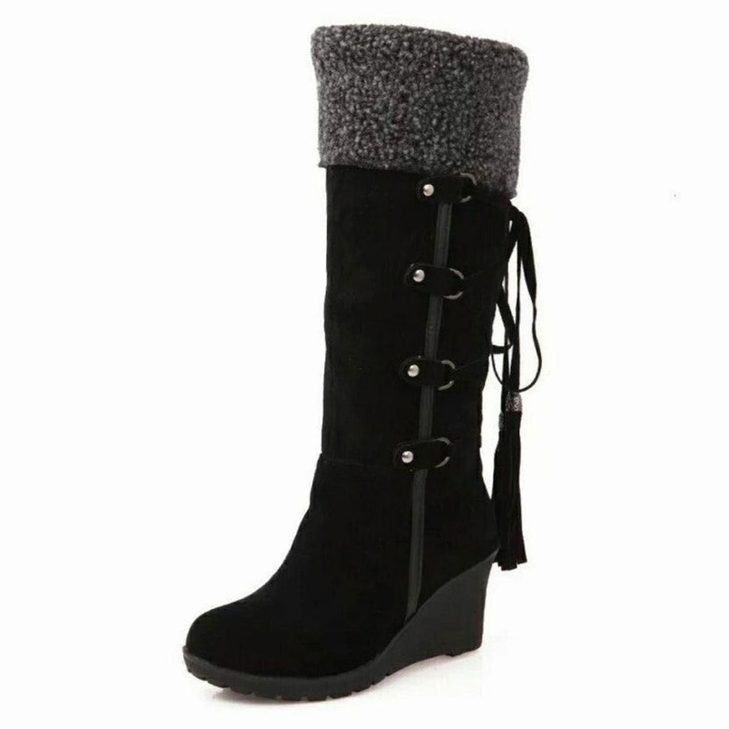 Women's Fur-Trim Wedge Knee-High Winter Boots - Black