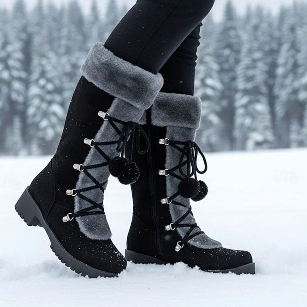 Women's Fur-Trimmed Lace-Up Knee-High Winter Snow Boots - Black