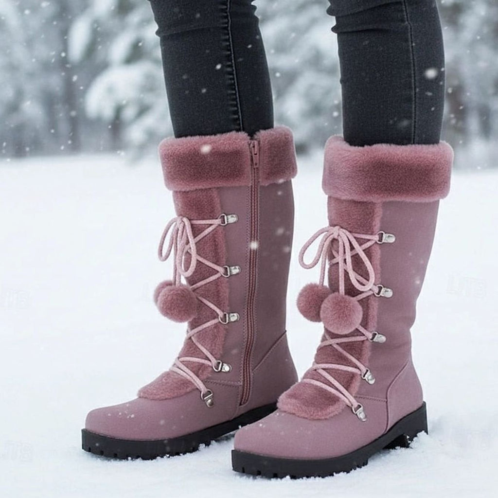 Women's Fur-Trimmed Lace-Up Knee-High Winter Snow Boots - Purple