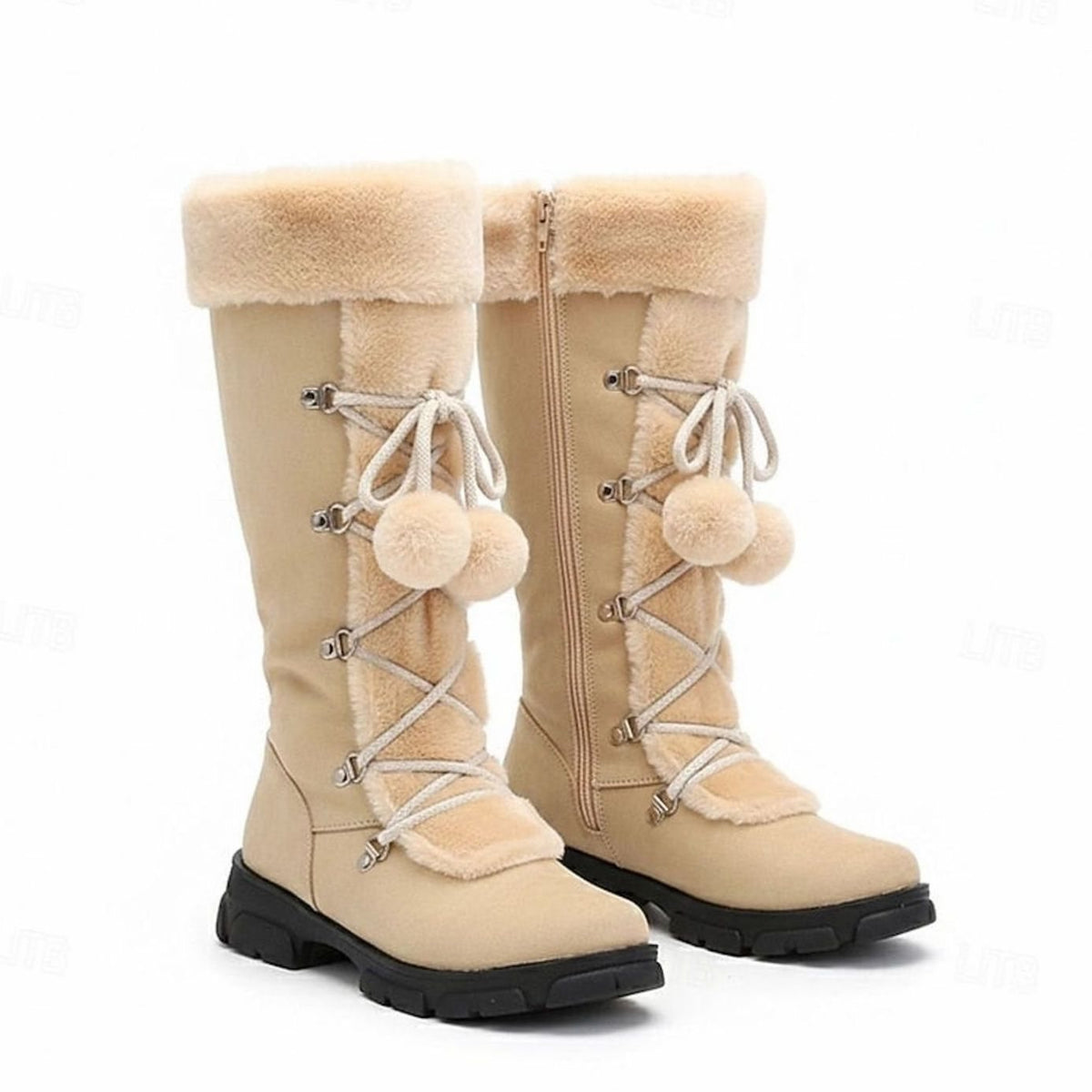 Women's Fur-Trimmed Lace-Up Knee-High Winter Snow Boots - Beige