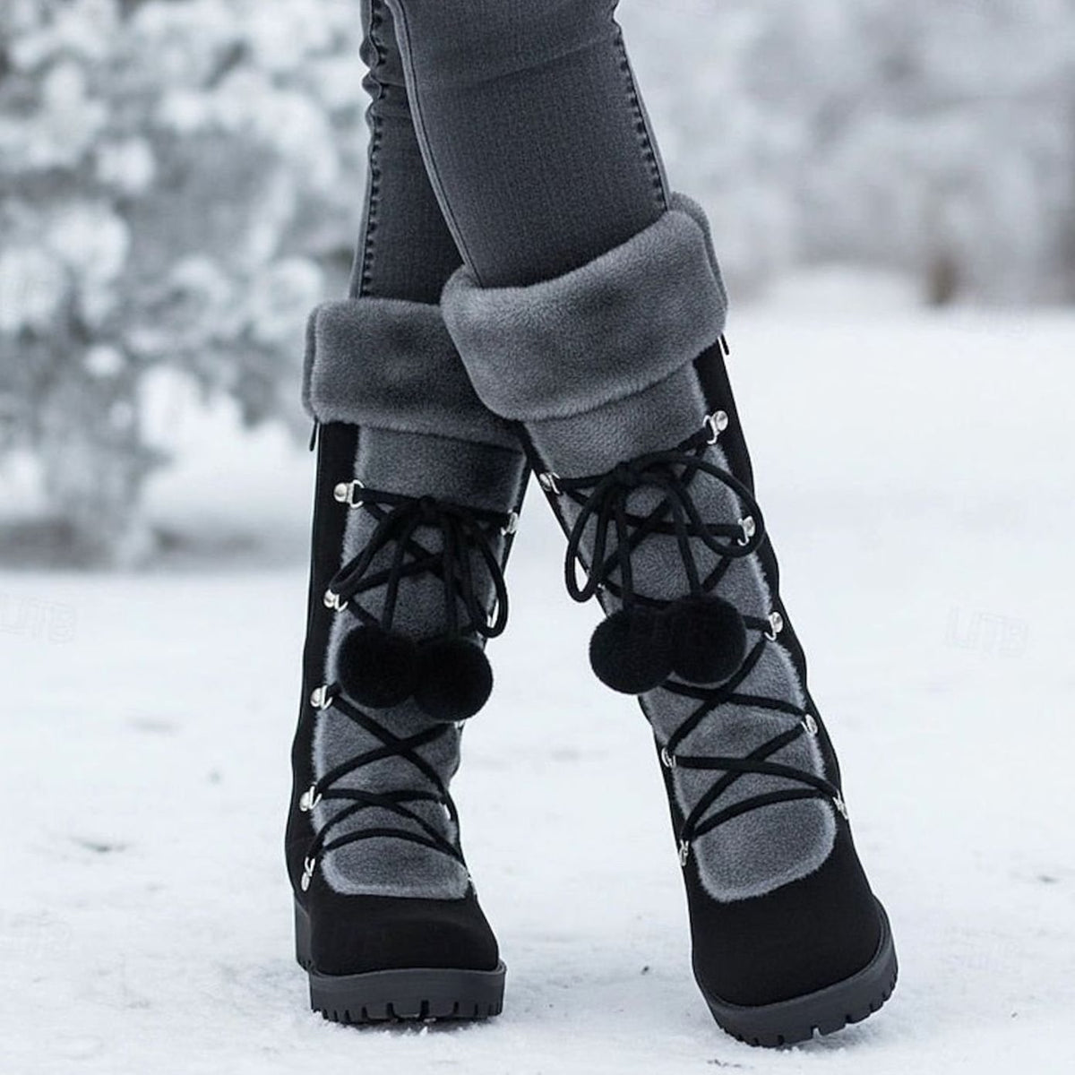 Women's Fur-Trimmed Lace-Up Knee-High Winter Snow Boots