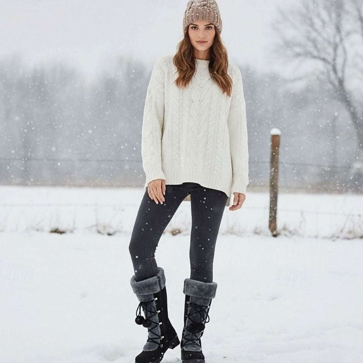 Women's Fur-Trimmed Lace-Up Knee-High Winter Snow Boots