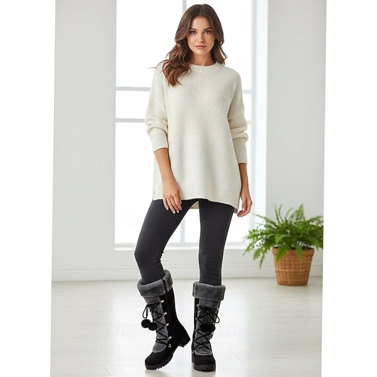 Women's Fur-Trimmed Lace-Up Knee-High Winter Snow Boots