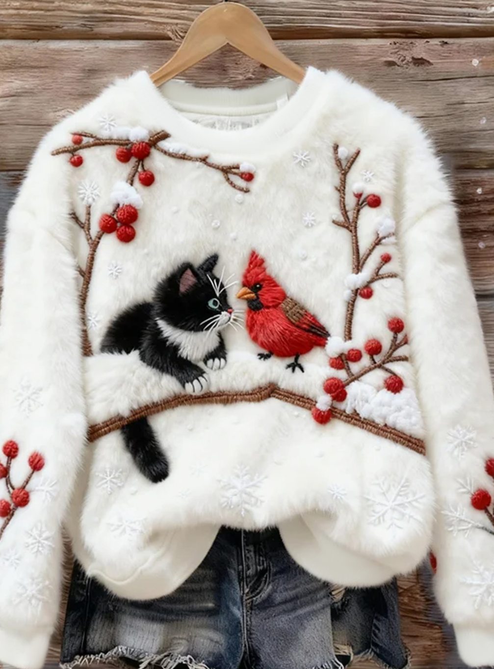 Women's Fuzzy Christmas Sweater Cat Cardinal Bird Crewneck Pullover - White