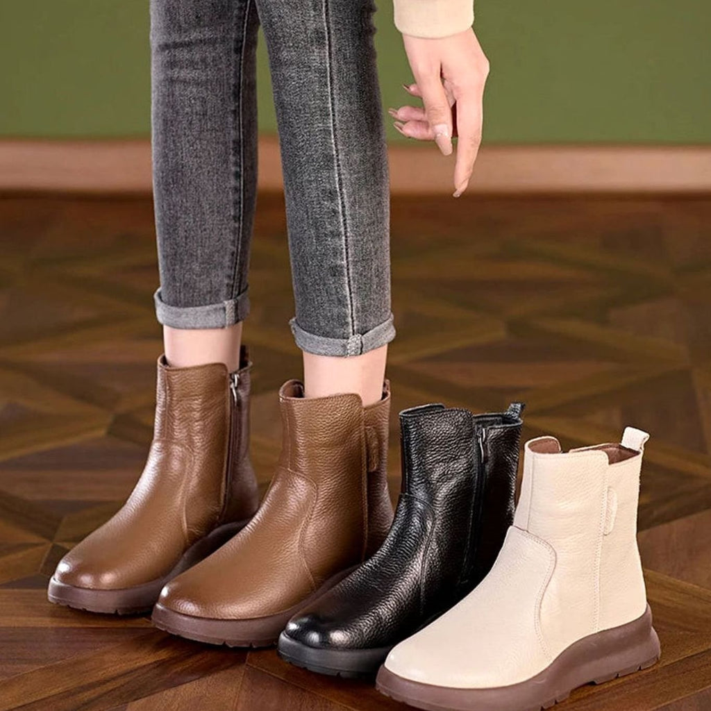Women's Genuine Leather Chunky Sole Side-Zip Ankle Boots
