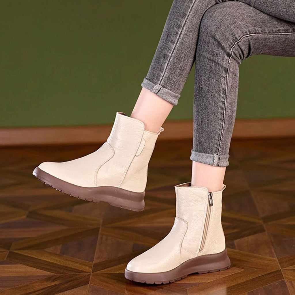 Women's Genuine Leather Chunky Sole Side-Zip Ankle Boots - Beige