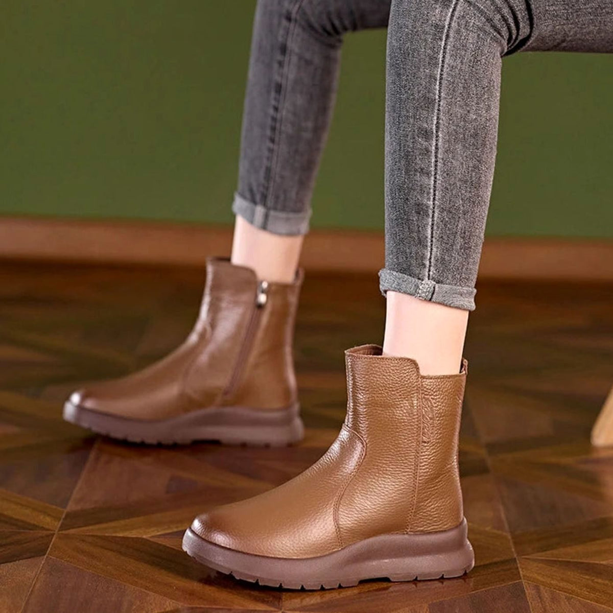Women's Genuine Leather Chunky Sole Side-Zip Ankle Boots