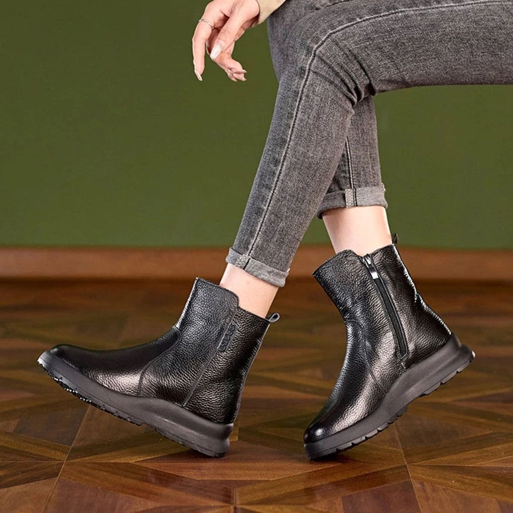 Women's Genuine Leather Chunky Sole Side-Zip Ankle Boots - Black