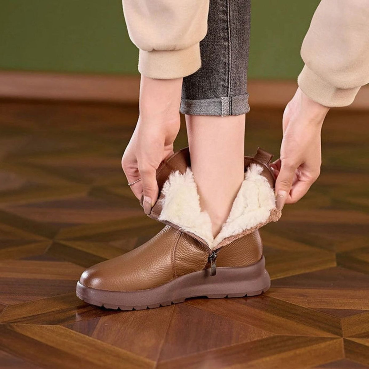 Women's Genuine Leather Chunky Sole Side-Zip Ankle Boots - Brown