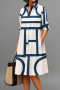 Women's Geometric Print Button-Down Midi Cocktail Dress - White Blue