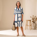 Women's Geometric-Print Button-Down Midi Shirt Dress - White Blue
