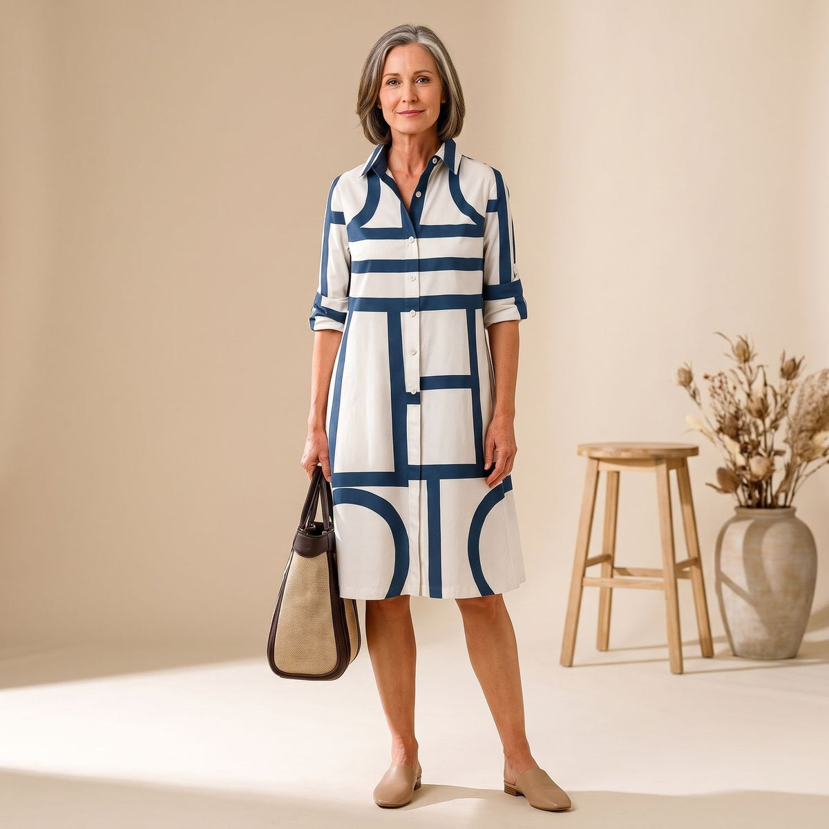 Women's Geometric-Print Button-Down Midi Shirt Dress - White Blue
