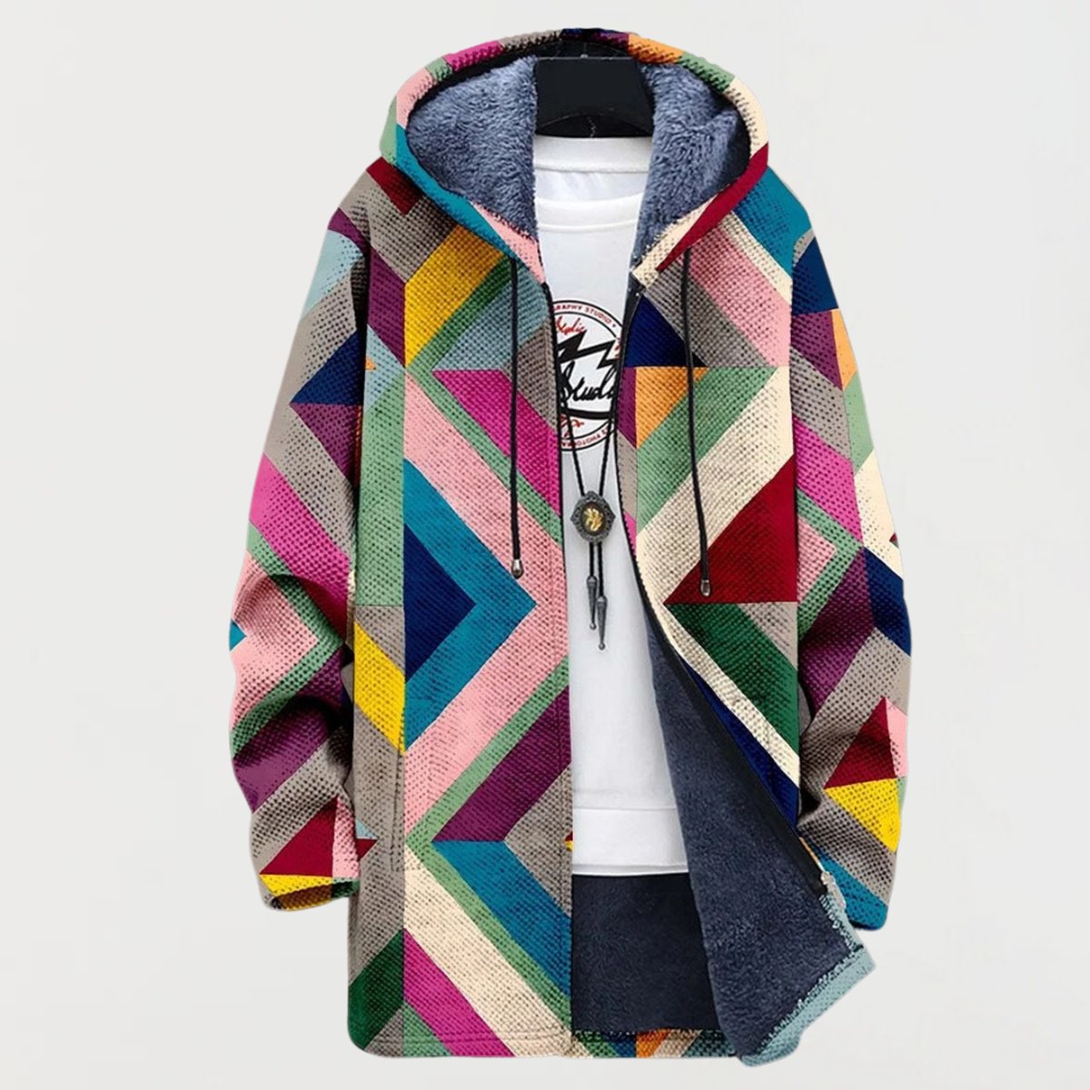 Women's Geometric Print Fleece-Lined Hooded Zip Sweater - Multicolor