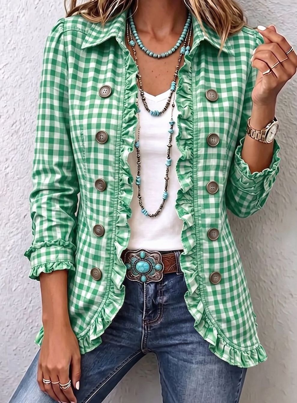 Women's Gingham Ruffle-Trim Double-Button Long-Sleeve Jacket - Green