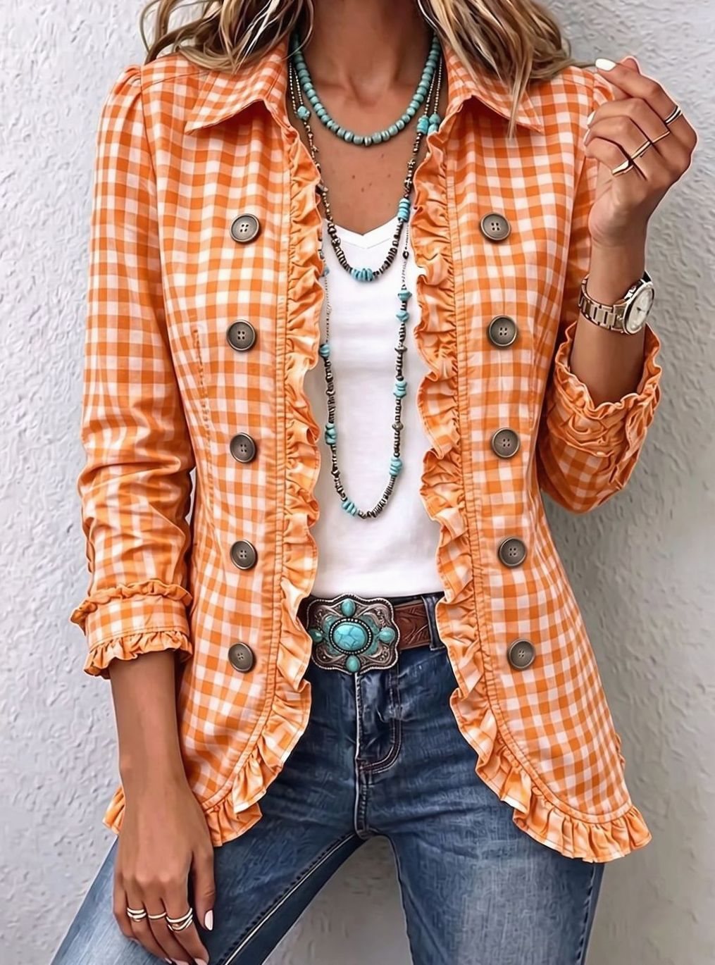 Women's Gingham Ruffle-Trim Double-Button Long-Sleeve Jacket - Orange