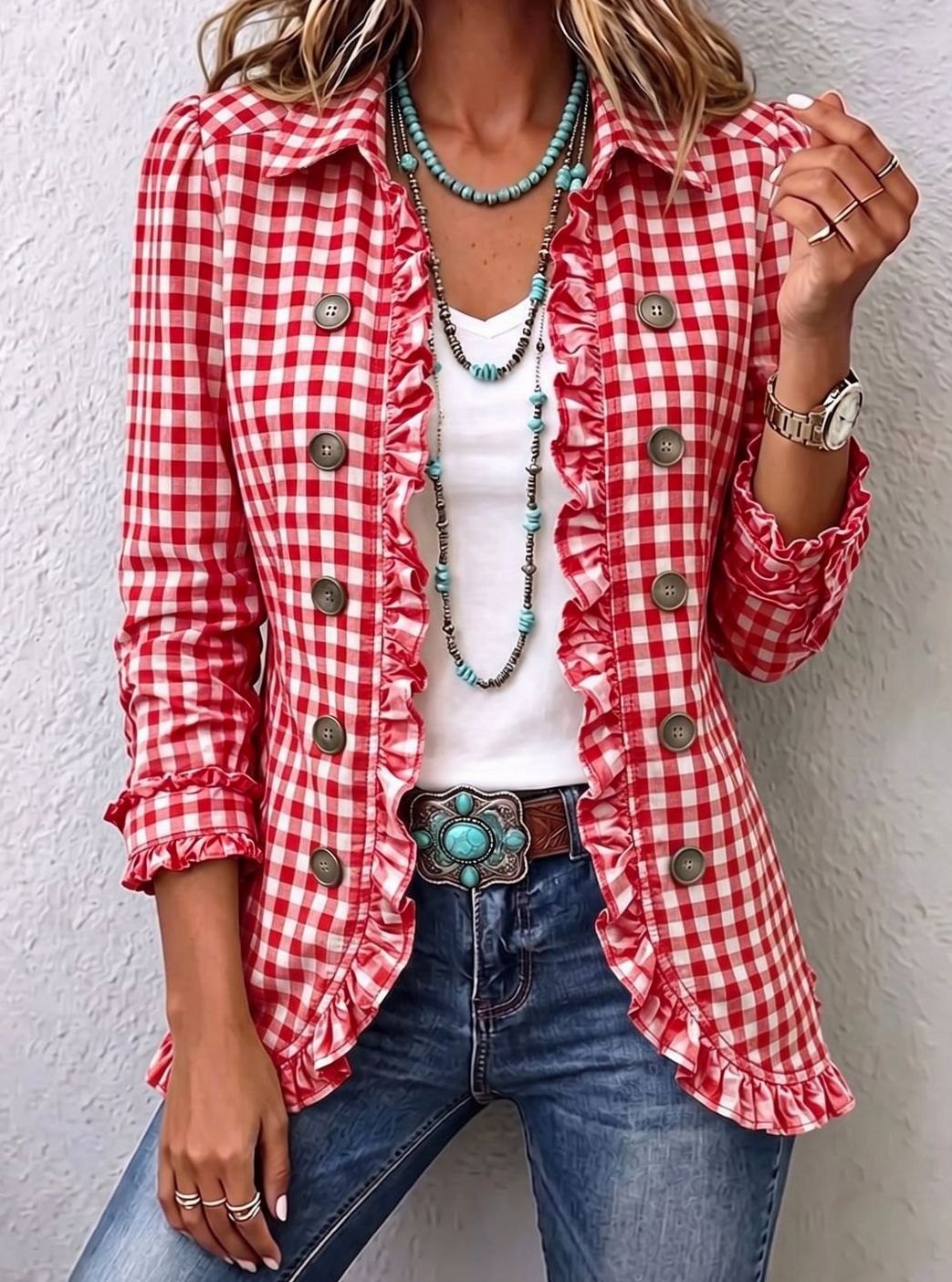 Women's Gingham Ruffle-Trim Double-Button Long-Sleeve Jacket - Red