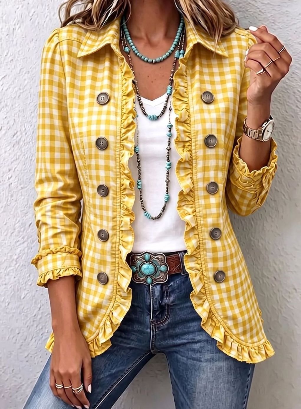 Women's Gingham Ruffle-Trim Double-Button Long-Sleeve Jacket - Yellow